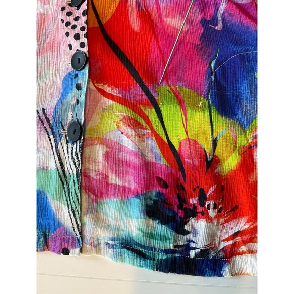 Ali Miles Colorful Abstract Print Artsy Top Pockets Button Front 3/4 Bell Sleeve - Picture 13 of 13